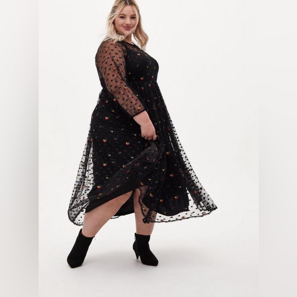 Torrid Black Embroidered Floral Mesh Tea Length Skater Dress